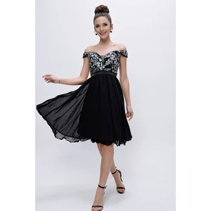 By Saygı Madonna Collar Decollete Chiffon Evening Dress Black