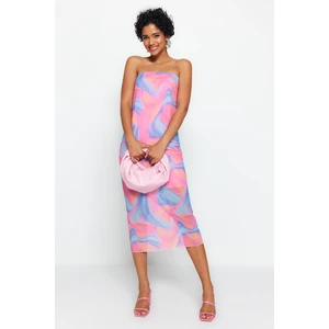 Trendyol Multi Color Printed Tulle Lined Strapless Midi Knitted Knit Dress