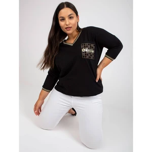 Black, everyday plus size blouse with a rhinestones applique