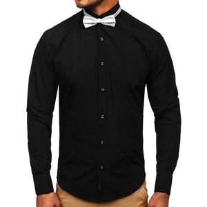 Černá pánská elegantní košile s dlouhým rukávem Bolf  4702-A + motýlek + manžetové knoflíčky