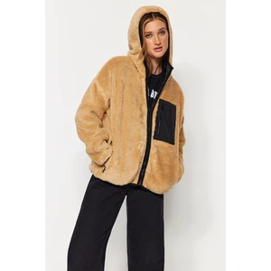 Trendyol EcruCamel Oversize Hooded Plush Coat with Pocket Detail