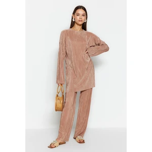 Trendyol Light Brown Self-Pleated Woven Top-Bottom Set