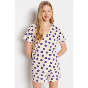 Trendyol Ecru-Purple 100% Cotton Polka Dot T-shirt-Shorts and Knitted Pajamas Set