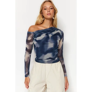 Trendyol Oil Tulle Lined Asymmetric Collar Knitted Blouse