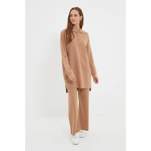 Trendyol Camel Polo Collar Tunic-Pants Knitwear Suit