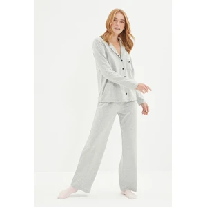 Trendyol Gray Cotton Embroidered Knitted Pajamas Set