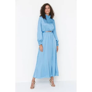 Trendyol Blue Belted Collar and Cuff Draped Detailed Woven Hijab Evening Dress