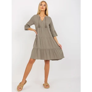 Khaki viscose dress with frills and V-neck