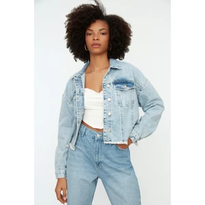 Trendyol Crop Denim Jacket WITH Light Blue Hemline Tassels