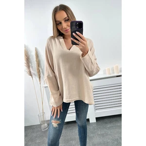 Cotton blouse with rolled-up sleeves dark beige