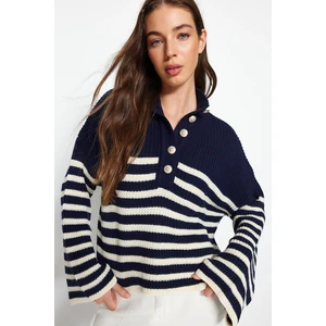 Trendyol Navy Wide Fit Crew Neck Pruhovaný pletený svetr