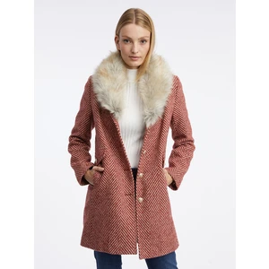 Orsay Women's Red Patterned Coat with Faux Fur - Women