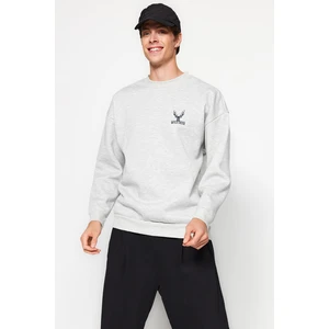 Trendyol Gray Melange Men's Crew Neck Long Sleeve Gray Men's Oversize Fit Animal Embroidery Sweatshirt Sweatshirt.