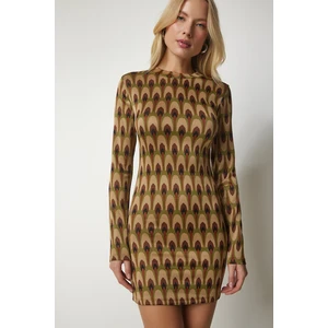 Happiness İstanbul Women's Beige Green Stand-Up Collar Patterned Mini Knitwear Dress