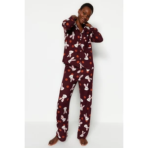 Trendyol Burgundy Rabbit Patterned Shirt-Pants Woven Pajamas Set