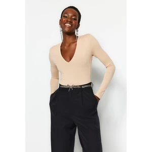 Trendyol Stone Knitted Deep V Neck Body With Snap Button