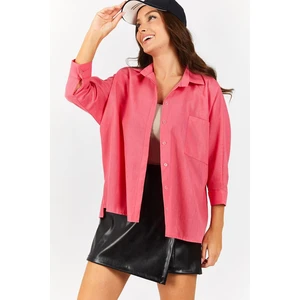 armonika Women's Fuchsia Loose Linen Shirt with Pocket