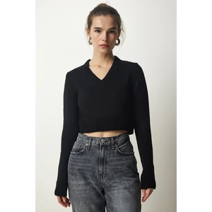 Happiness İstanbul Women's Black V-Neck Crop Knitwear Sweater