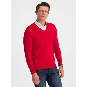 Ombre Men's sweater with a "v-neck" neckline with a shirt collar - red