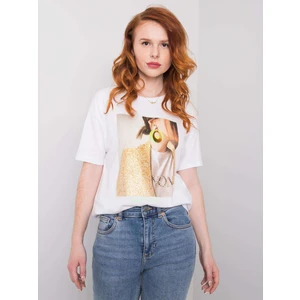 White women´s t-shirt with a print and an application