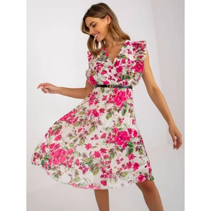 Ecru-pink pleated dress with a floral print