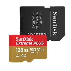 SanDisk Micro SDXC Extreme Plus 128GB + SD adaptér, UHS-I U3 A2, Class 10 - rýchlosť 170/90 MB/s (SDSQXBZ-128G-GN6MA)