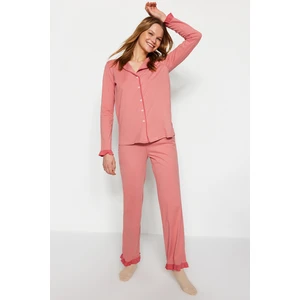 Trendyol Dried Rose 100% Cotton Ruffled Pile Shirt-Pants Knitted Pajamas Set