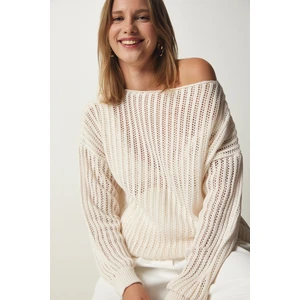 Happiness İstanbul Women's Cream Boat Neck Openwork Knitwear Sweater