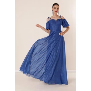 By Saygı Pleated Collar with Balloon Sleeves, Lined Glittery Long Dress Saks