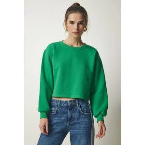 Happiness İstanbul Women's Green Crew Neck Raised Crop Knitted Sweatshirt