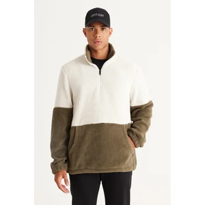 AC&Co / Altınyıldız Classics Men's Beige-khaki Standard Fit Stand-Up Bato Collar Kangaroo Pocket Double Color Sherpa Fleece Sweatshirt