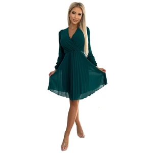 Pleated chiffon dress with long sleeves and a Numoco neckline