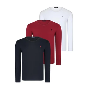 TRIPLE SET T8587 DEWBERRY V-NECK MEN'S SWEATSHIRT-BLACK-WHITE-BURGUNDY