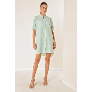 By Saygı Two Pockets Front Short Back Long Stripe Short Sleeve See-through Dress Green