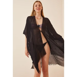 Happiness İstanbul Women's Black Tied Cotton Kimono