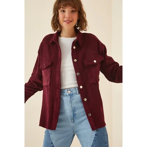 Happiness İstanbul Women's Claret Red Velvet Lightweight Oversized Shirt 3860