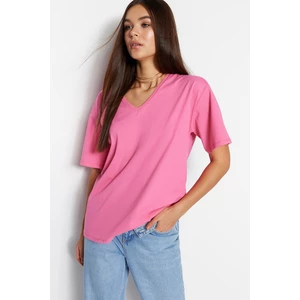 Trendyol Pink 100% Cotton Boyfriend V-Neck Knitted T-Shirt