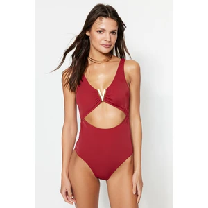 Trendyol Claret Red V-Neck Accessorized Regular Leg Swimsuit