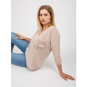 Beige cotton blouse of larger size with V-neck