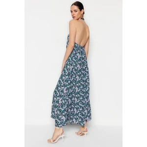 Trendyol Blue Straight Cut Maxi Woven Halterneck Floral Dress