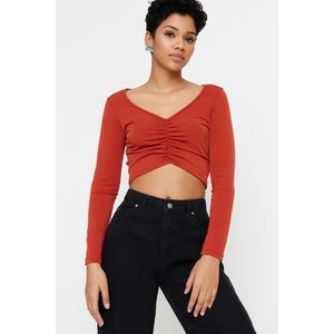 Trendyol Cinnamon Shirred Detail Fitted/Simple Crop, Stretchy Knitted Blouse