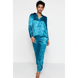 Trendyol Blue Elastic Leg Satin Woven Pajamas Set