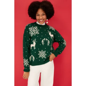 Trendyol Emerald Green Christmas Theme Jacquard Knitwear Sweater