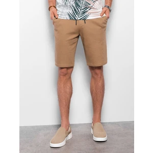 Ombre Men's knitted shorts with decorative elastic waistband - light brown