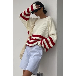 Madmext Mad Girls Ecru Striped Oversized Sweater