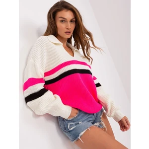 Ecru-fluo pink oversize sweater with collar