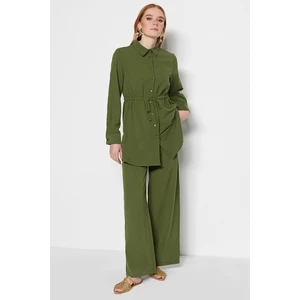 Trendyol Khaki Waist Shirred Woven Aerobin Linen Look Shirt-Trousers Suit