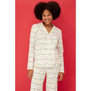 Trendyol Off-White 100% Cotton Christmas Themed Shirt-Pants and Knitted Pajamas Set