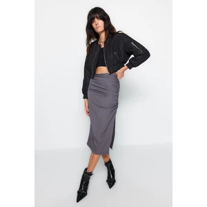 Trendyol Anthracite Gathered Slit Detail Parachute Fabric Midi Woven Skirt