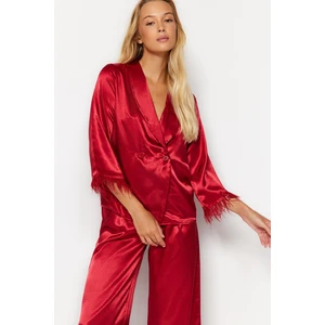 Trendyol Claret Red Feather Detailed Satin Shirt-Pants Weave Pajamas Set